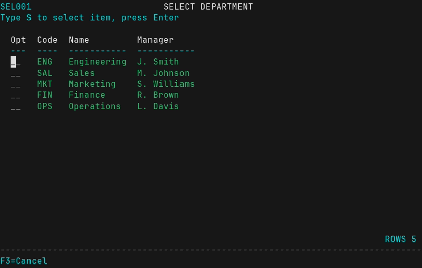 Selection List Screenshot